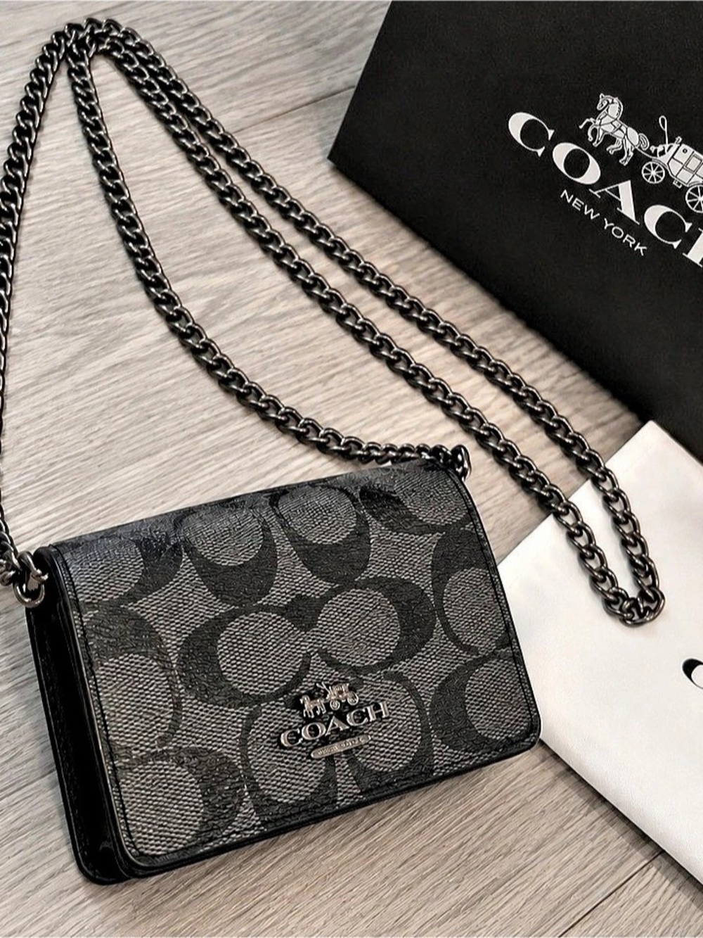 Coach Mini Wallet On A Chain In Signature Canvas Black & Gray